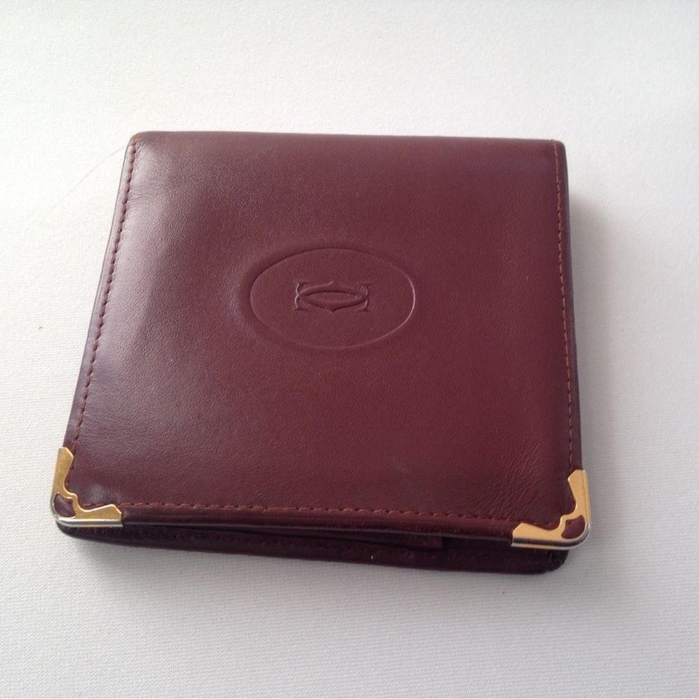 Cartier Bordeaux Red leather wallet vintage square bifold compact.